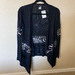 Daytrip Lightweight Open front zebra Pattern Black Teal White Sweater NWT